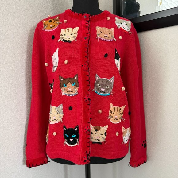 VINTAGE 80s Berek by Takako Sakon Red Cat Cardigan Sweater Medium - Picture 3 of 15